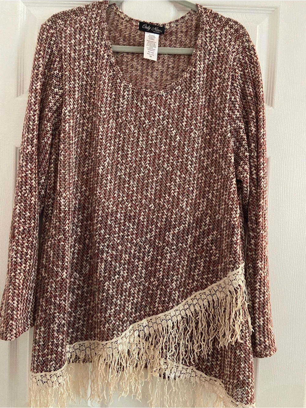 Only Mine Marled Burgundy & Cream Fringe Scoop Neck Sweater